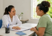 Julho Amarelo leva Rondônia a monitorar hepatite B na região Madeira-Mamoré Profissional de saúde orienta paciente adulto sobre tratamento da hepatite B em unidade pública de Rondônia