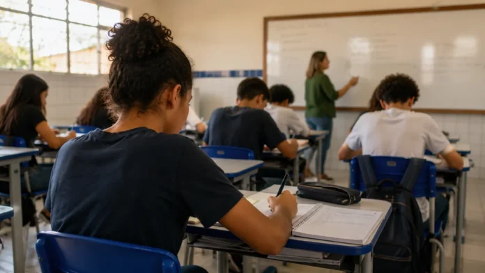 Estudantes da rede pública em sala de aula durante rotina escolar ligada ao Pé-de-Meia 2026