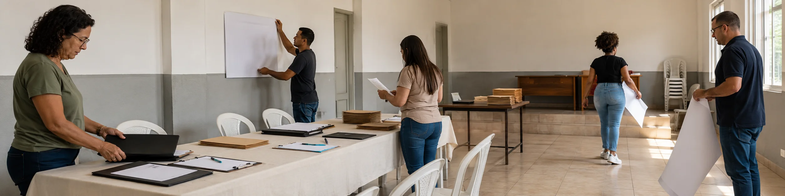 Participantes organizam materiais internos durante a preparação para uma convenção das Eleições 2026.