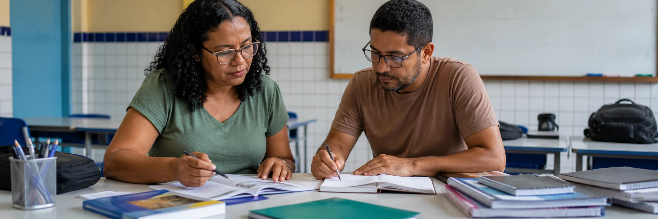 Professores analisam materiais pedagógicos após atualização do piso do magistério em Porto Velho.
