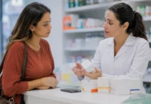 Anvisa alerta que retatrutida ainda não é aprovada para emagrecimento Consumidora recebe orientação em farmácia sobre retatrutida, medicamento experimental ainda não aprovado para emagrecimento.
