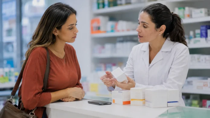 Consumidora recebe orientação em farmácia sobre retatrutida, medicamento experimental ainda não aprovado para emagrecimento.