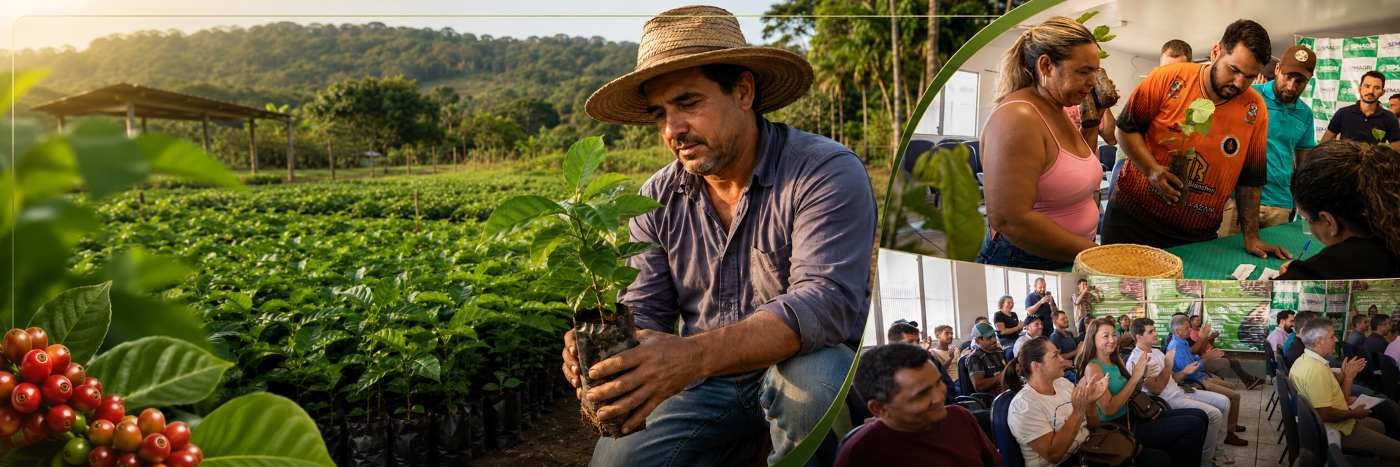 Montagem em faixa mostra produtor com muda de café, entrega de mudas e público em evento sobre Robusta Amazônico em Cacoal