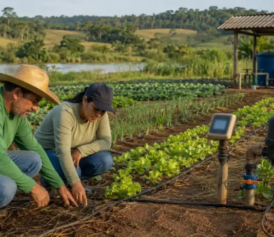 Água na irrigação responde por metade da retirada no Brasil Água na irrigação é monitorada por produtor e técnica em propriedade rural de Rondônia
