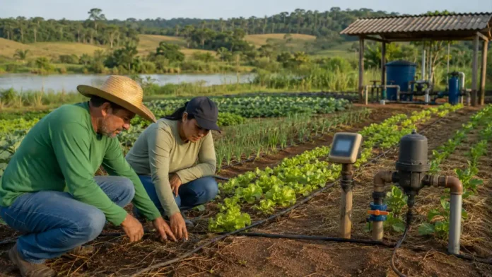 Água na irrigação é monitorada por produtor e técnica em propriedade rural de Rondônia