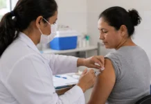 Vacinação contra gripe termina nesta sexta em Rondônia Profissional de saúde aplica vacina durante a vacinação contra gripe em Rondônia.