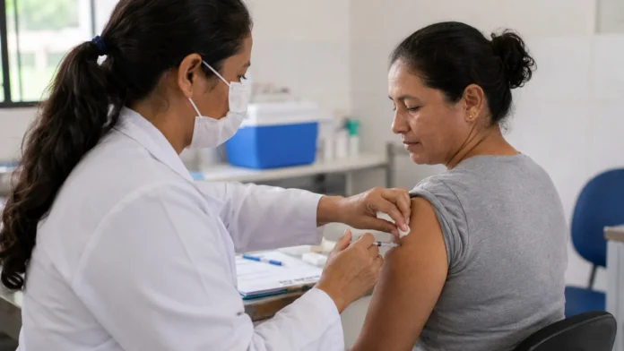 Vacinação contra gripe em Rondônia chega ao encerramento Profissional de saúde aplica vacina durante a vacinação contra gripe em Rondônia.