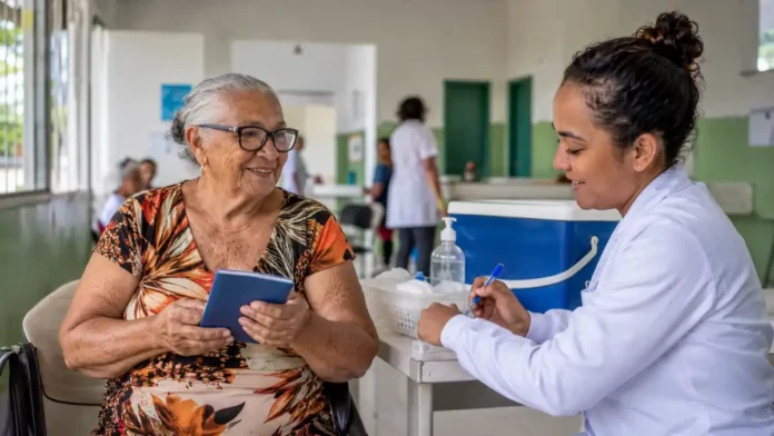 Vacinação de idosos contra gripe em Rondônia Pessoa idosa recebe vacinação contra gripe em Rondônia