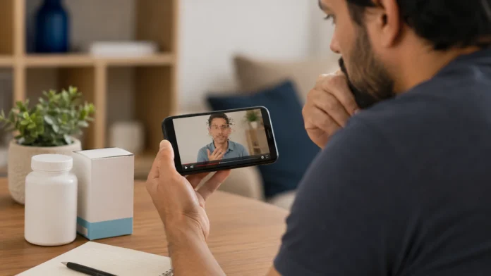 Homem analisa vídeos falsos de remédios em um smartphone antes de comprar produtos pela internet.