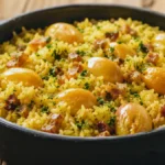 Arroz com pequi e bacon: sabor marcante em 6 passos Arroz com pequi, bacon e cheiro-verde servido em panela rústica