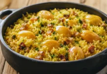 Arroz com pequi e bacon: sabor marcante em 6 passos Arroz com pequi, bacon e cheiro-verde servido em panela rústica