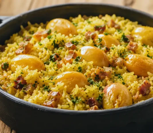 Arroz com pequi e bacon: sabor marcante em 6 passos Arroz com pequi, bacon e cheiro-verde servido em panela rústica
