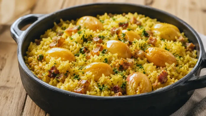 Arroz com pequi, bacon e cheiro-verde servido em panela rústica