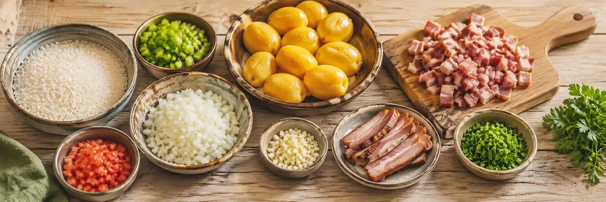 Ingredientes do arroz com pequi, com arroz, pequi, bacon, cebola, alho, tomate, pimentão e cheiro-verde