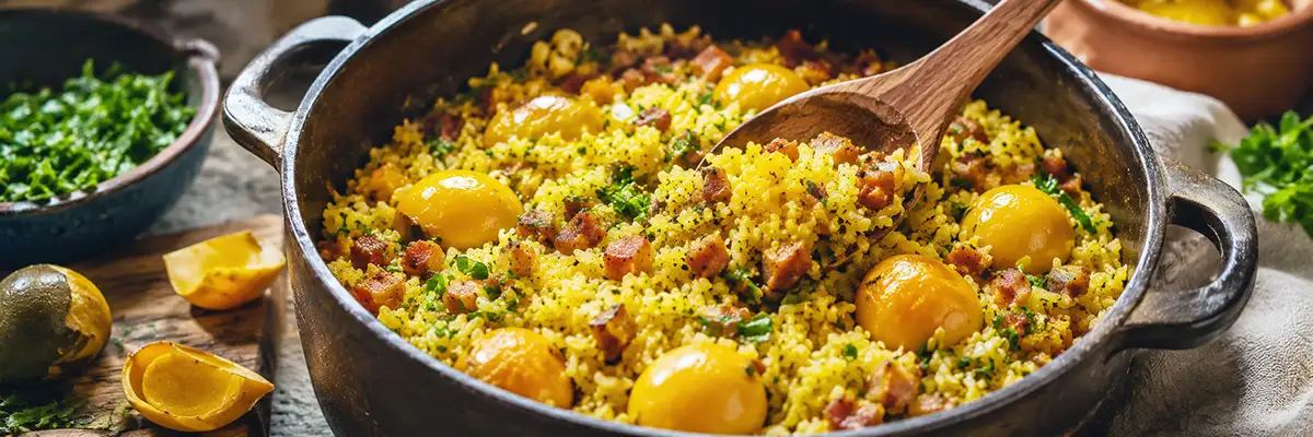 Arroz com pequi sendo finalizado com bacon e cheiro-verde em panela rústica