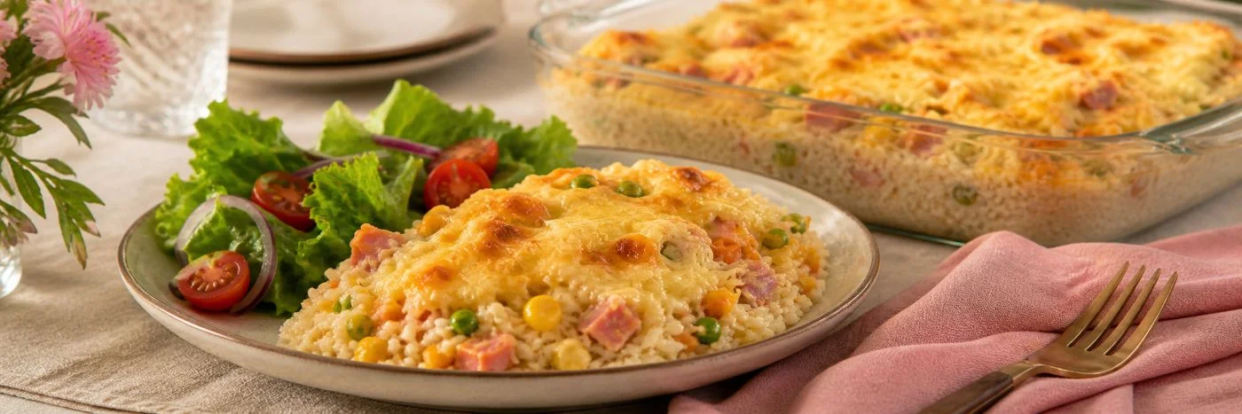 Porção de arroz de forno cremoso servida com salada verde