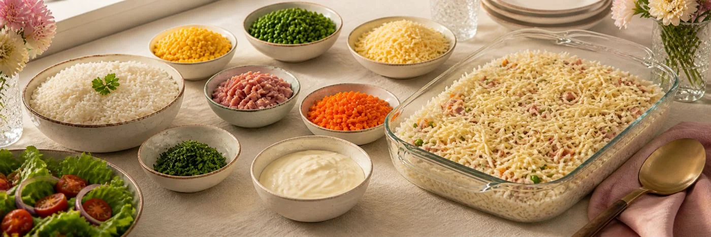 Ingredientes do arroz de forno com arroz, legumes, presunto, creme e queijo