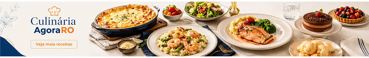 Banner horizontal da Culinária AgoraRO com pratos variados, sobremesas e chamada para ver mais receitas.