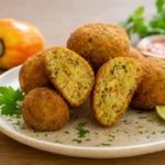 Bolinho vegetal de caju lembra textura e sabor de siri Bolinho vegetal de caju servido em prato de cerâmica com limão e ervas