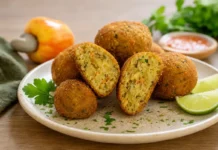 Bolinho vegetal de caju lembra textura e sabor de siri Bolinho vegetal de caju servido em prato de cerâmica com limão e ervas