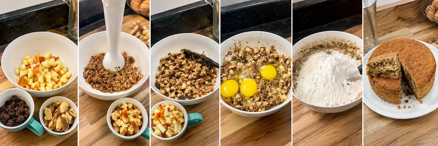 Etapas do preparo do bolo de frutas desde as maçãs picadas até o bolo assado