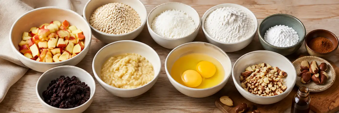 Ingredientes do bolo de frutas sem açúcar com maçã, banana, ovos, passas, castanhas, aveia e coco