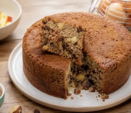 Bolo de frutas sem leite, sem açúcar adicionado e sem glúten Bolo de frutas sem leite e sem glúten com maçã, banana, uvas-passas e castanhas