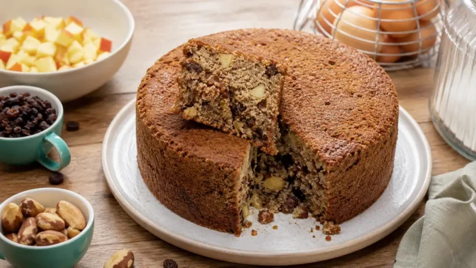 Bolo de frutas sem leite e sem glúten com maçã, banana, uvas-passas e castanhas