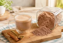 Cappuccino caseiro de chocolate para guardar no pote Cappuccino caseiro de chocolate ao lado de pote com mistura em pó