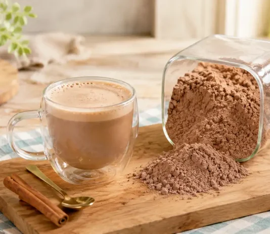 Cappuccino caseiro de chocolate para guardar no pote Cappuccino caseiro de chocolate ao lado de pote com mistura em pó