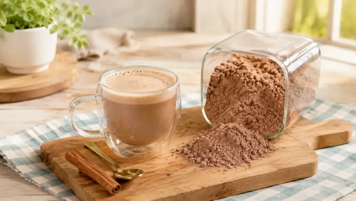 Cappuccino caseiro de chocolate ao lado de pote com mistura em pó