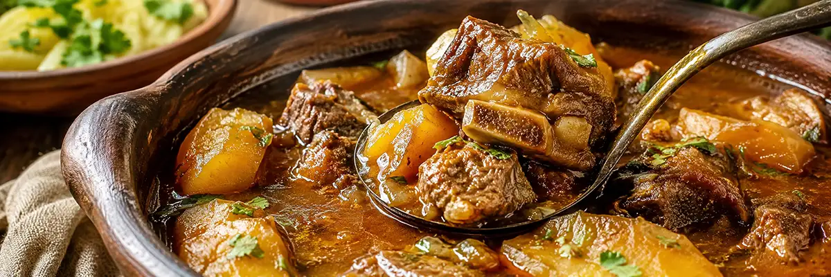 Detalhe da vaca atolada mineira com costela bovina, mandioca macia e caldo encorpado