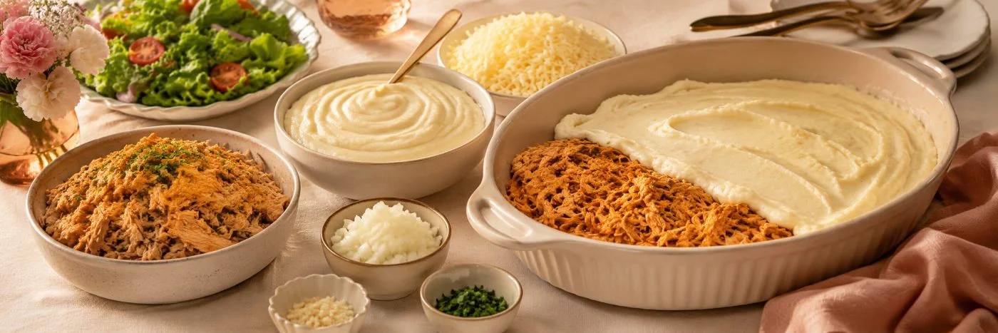 Ingredientes do escondidinho de frango cremoso com purê, frango e queijo