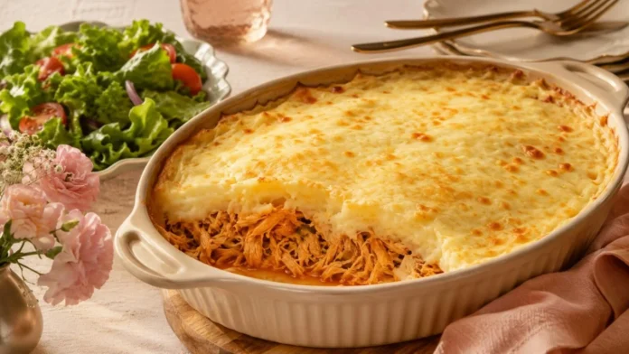 Porção de escondidinho de frango cremoso servida com salada verde