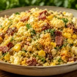 Farofa de cuscuz com feijão-verde, bacon e calabresa Prato de farofa de cuscuz com feijão-verde, bacon, calabresa, milho, ovos e couve