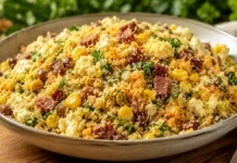 Farofa de cuscuz com feijão-verde, bacon e calabresa Prato de farofa de cuscuz com feijão-verde, bacon, calabresa, milho, ovos e couve