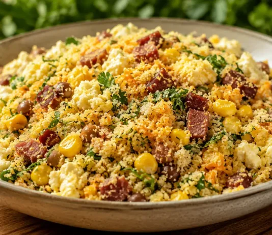 Farofa de cuscuz com feijão-verde, bacon e calabresa Prato de farofa de cuscuz com feijão-verde, bacon, calabresa, milho, ovos e couve
