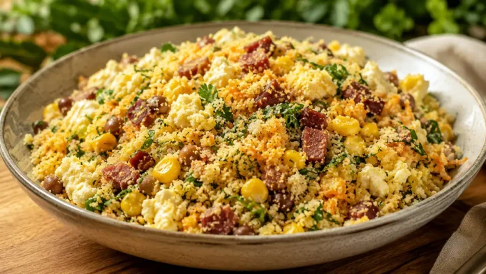 Farofa de cuscuz com feijão-verde, bacon e calabresa Prato de farofa de cuscuz com feijão-verde, bacon, calabresa, milho, ovos e couve