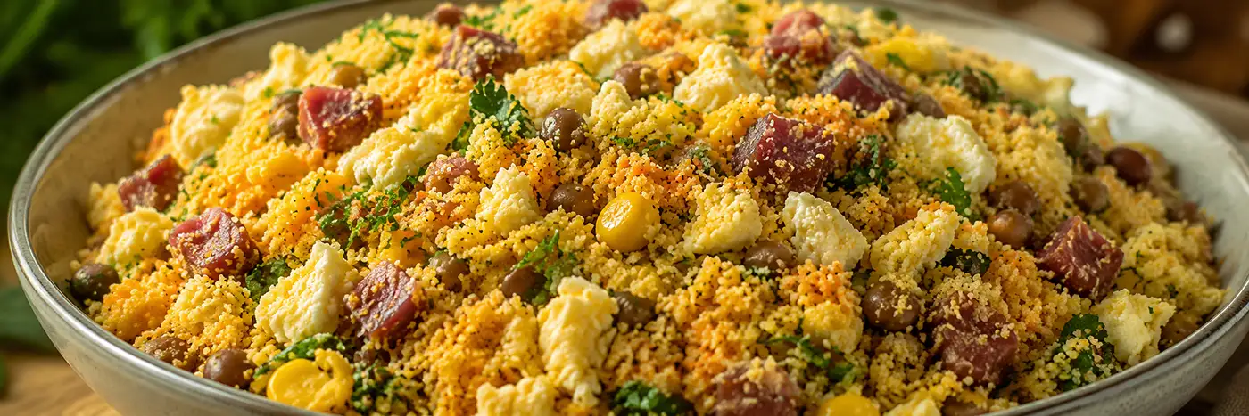 Farofa de cuscuz com feijão-verde, bacon e calabresa Farofa de cuscuz com feijão-verde, bacon, calabresa, ovos, milho e couve
