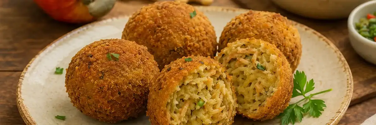 Bolinho vegetal de caju aberto ao lado de cajus e ingredientes vegetais