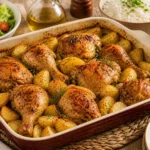 Frango assado com batatas douradas e ervas Frango assado com batatas douradas e ervas em assadeira