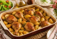 Frango assado com batatas douradas e ervas Frango assado com batatas douradas e ervas em assadeira
