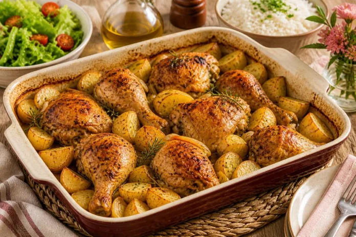 Frango assado com batatas douradas e ervas em assadeira