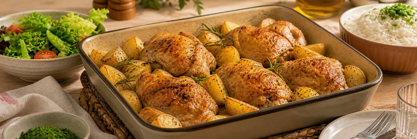 Frango assado com batatas servido com arroz branco e salada