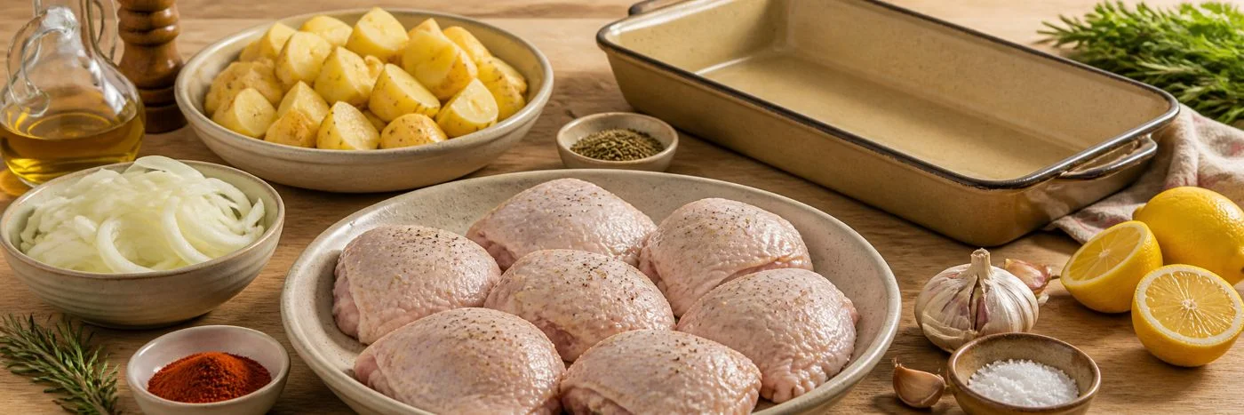 Ingredientes do frango assado com batatas, alho, limão, cebola e ervas