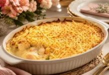 Fricassê de frango cremoso com milho e batata palha Fricasse de frango cremoso gratinado e servido em travessa
