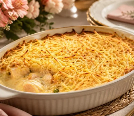 Fricassê de frango cremoso com milho e batata palha Fricasse de frango cremoso gratinado e servido em travessa