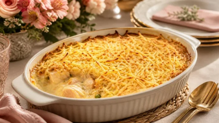 Fricassê de frango cremoso com batata palha Fricasse de frango cremoso gratinado e servido em travessa