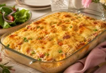 Arroz de forno cremoso com legumes e queijo Ingredientes do arroz de forno com arroz, legumes, presunto, creme e queijo