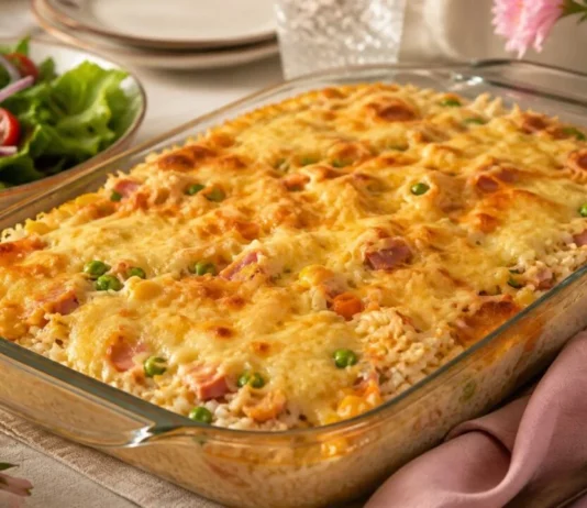 Arroz de forno cremoso com legumes e queijo Ingredientes do arroz de forno com arroz, legumes, presunto, creme e queijo
